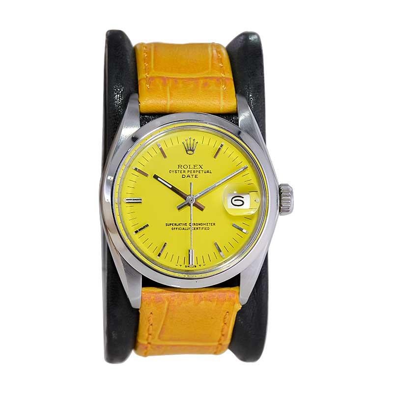 Moderne Rolex Montre Oyster Perpetual Date en acier inoxydable avec cadran jaune personnalisé, années 1970 en vente