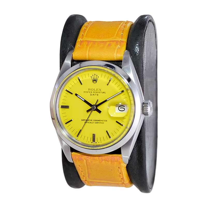 Rolex Stainless Steel Oyster Perpetual Date with Custom Yellow Dial 1970's In Excellent Condition For Sale In Long Beach, CA