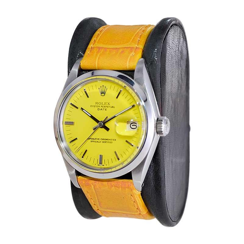 Women's or Men's Rolex Stainless Steel Oyster Perpetual Date with Custom Yellow Dial 1970's For Sale