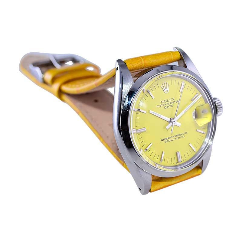 Women's or Men's Rolex Stainless Steel Oyster Perpetual Date with Custom Yellow Dial 1970's For Sale