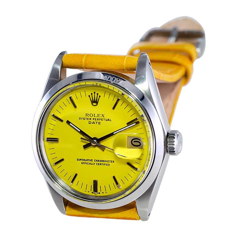 Rolex Stainless Steel Oyster Perpetual Date with Custom Yellow Dial 1970's For Sale 4