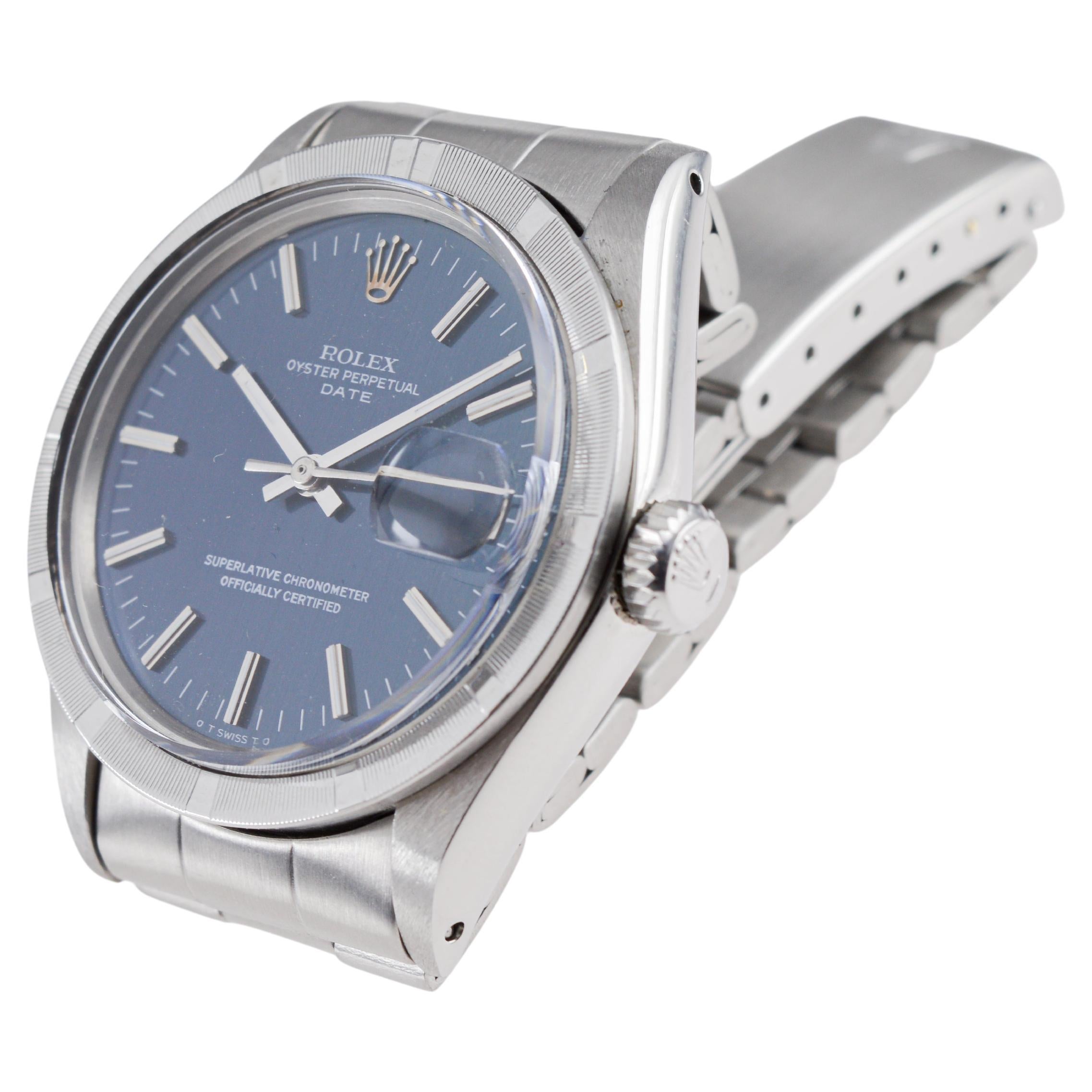 Rolex Edelstahl Oyster Perpetual Date mit original blauem Original-Zifferblatt 1970er Jahre im Angebot 5