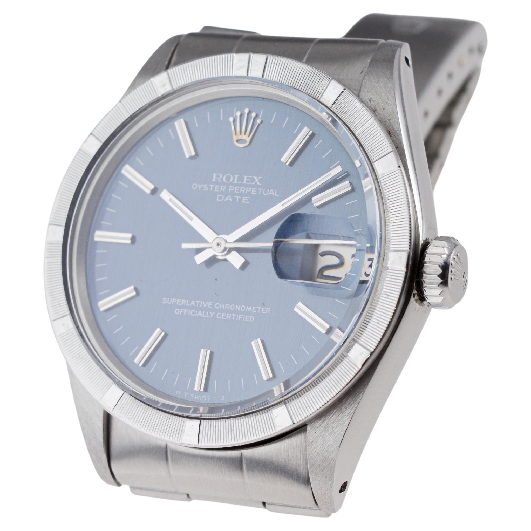 Rolex Edelstahl Oyster Perpetual Date mit original blauem Original-Zifferblatt 1970er Jahre im Angebot 6