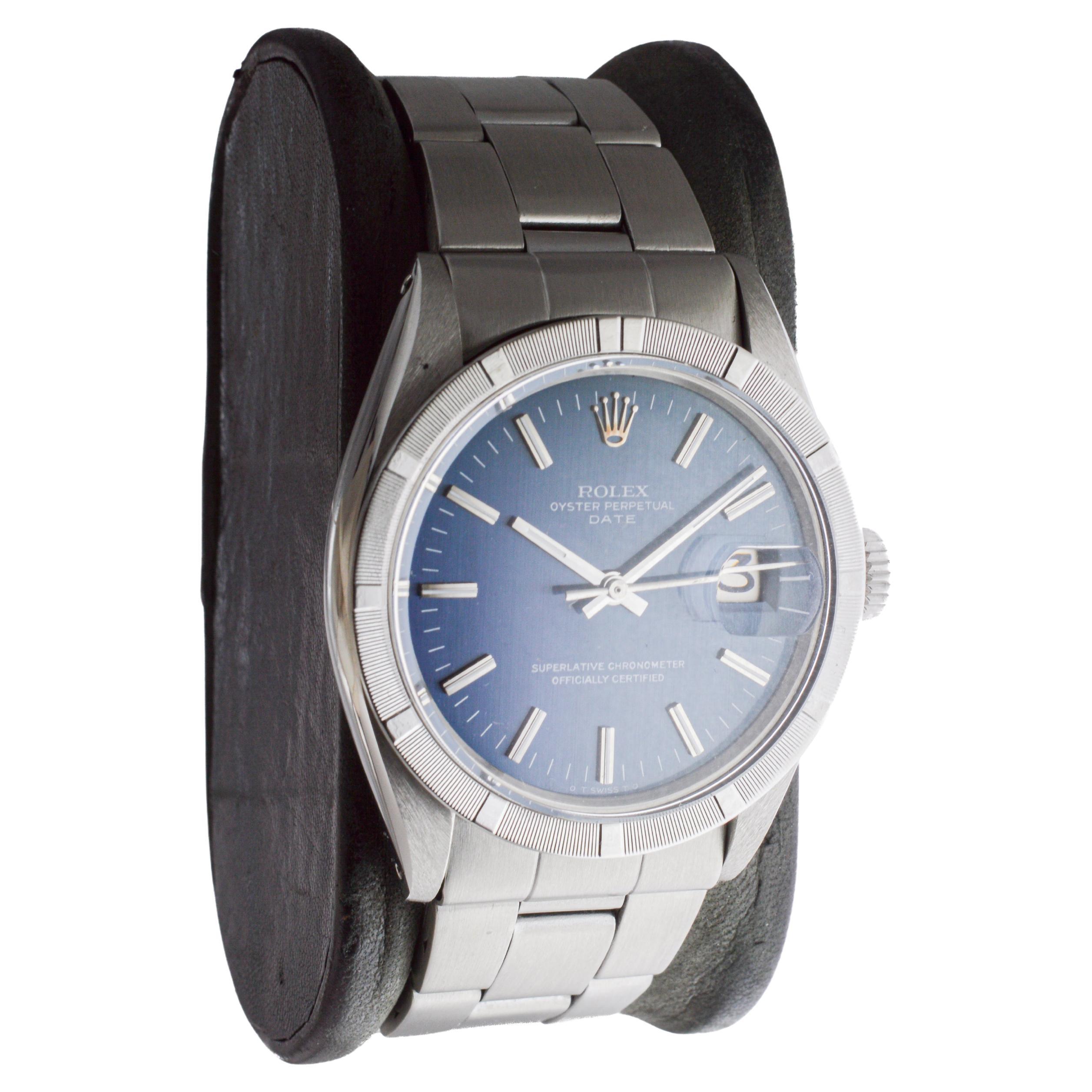 Rolex Edelstahl Oyster Perpetual Date mit original blauem Original-Zifferblatt 1970er Jahre (Moderne) im Angebot