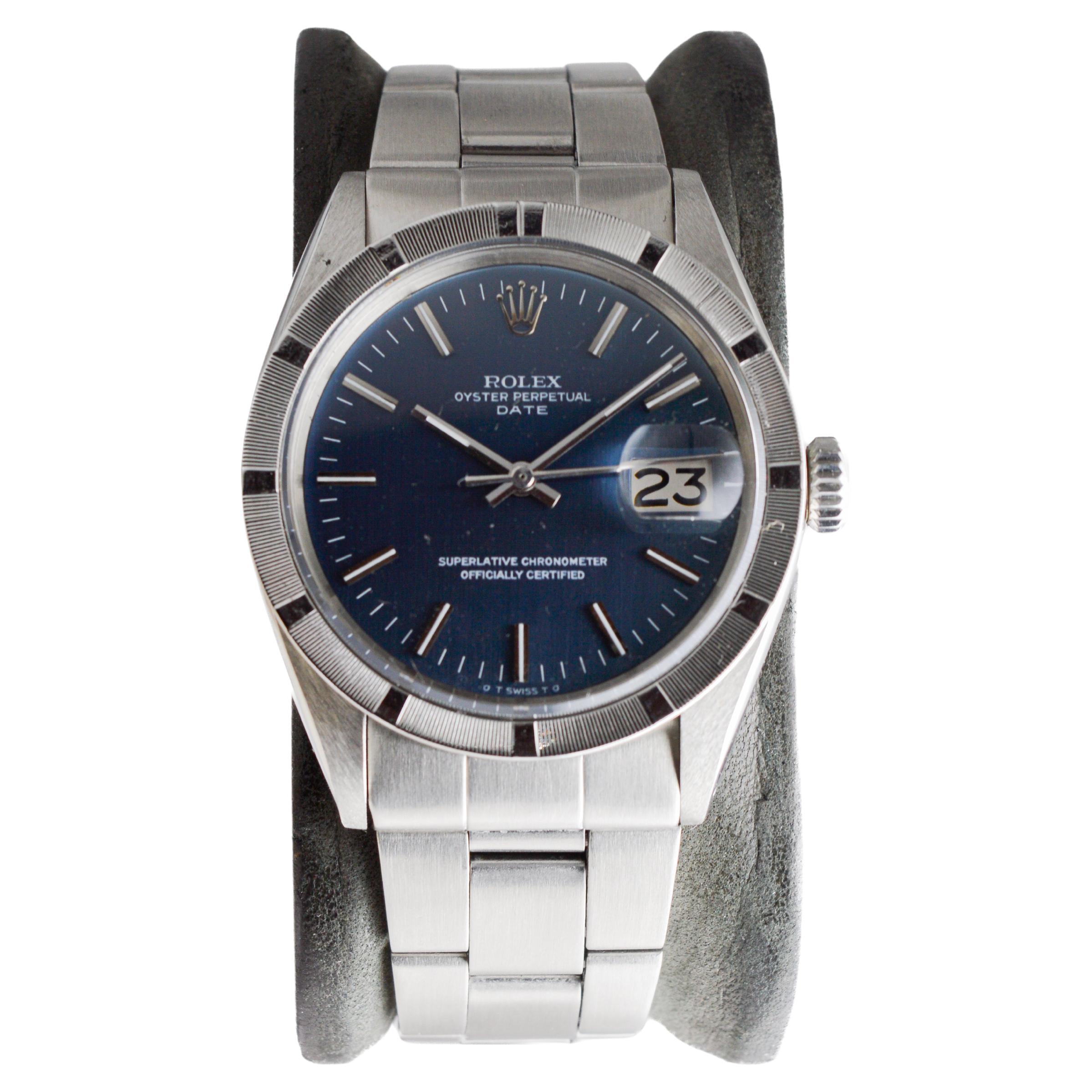 Rolex Edelstahl Oyster Perpetual Date mit original blauem Original-Zifferblatt 1970er Jahre für Damen oder Herren im Angebot