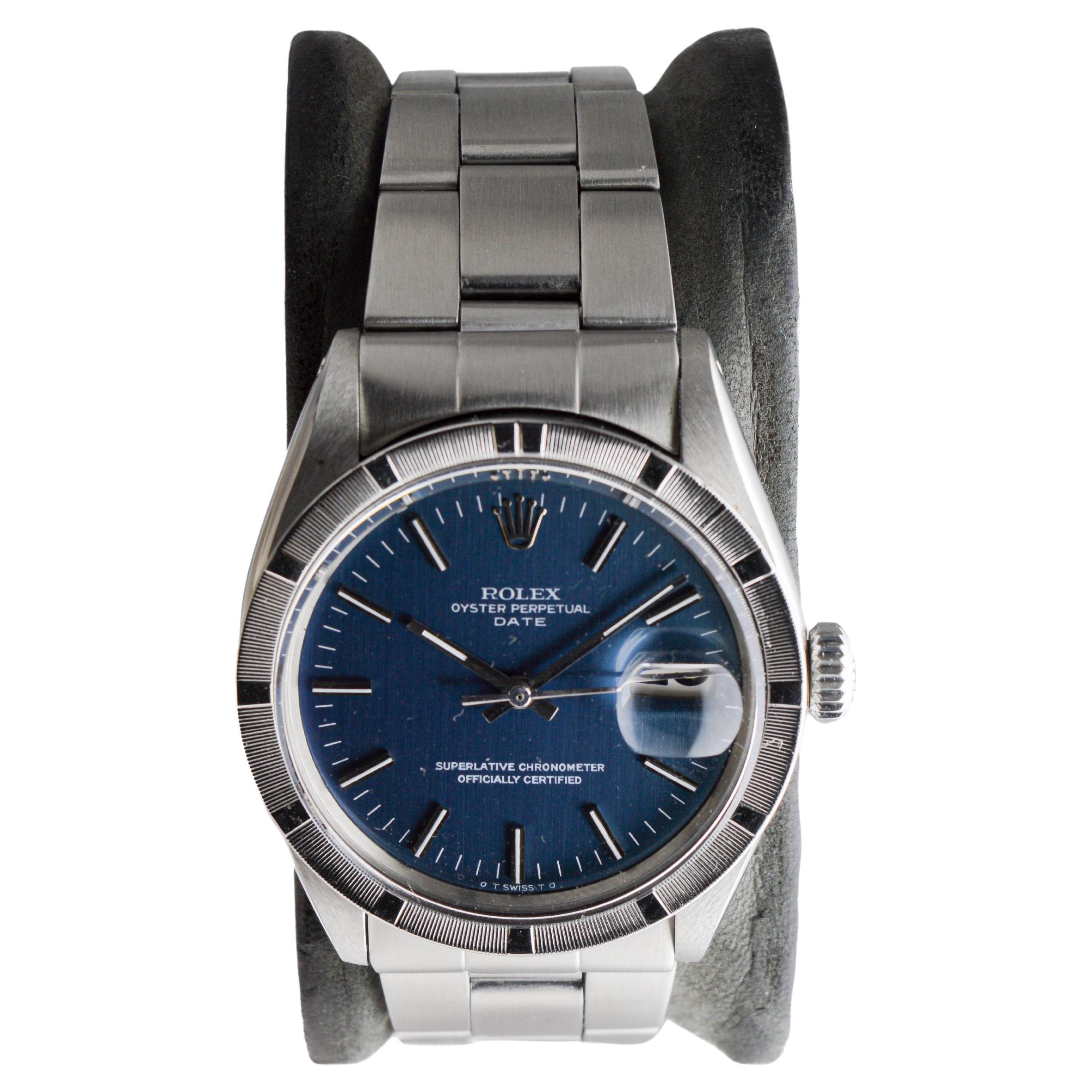 Rolex Edelstahl Oyster Perpetual Date mit original blauem Original-Zifferblatt 1970er Jahre im Angebot 1