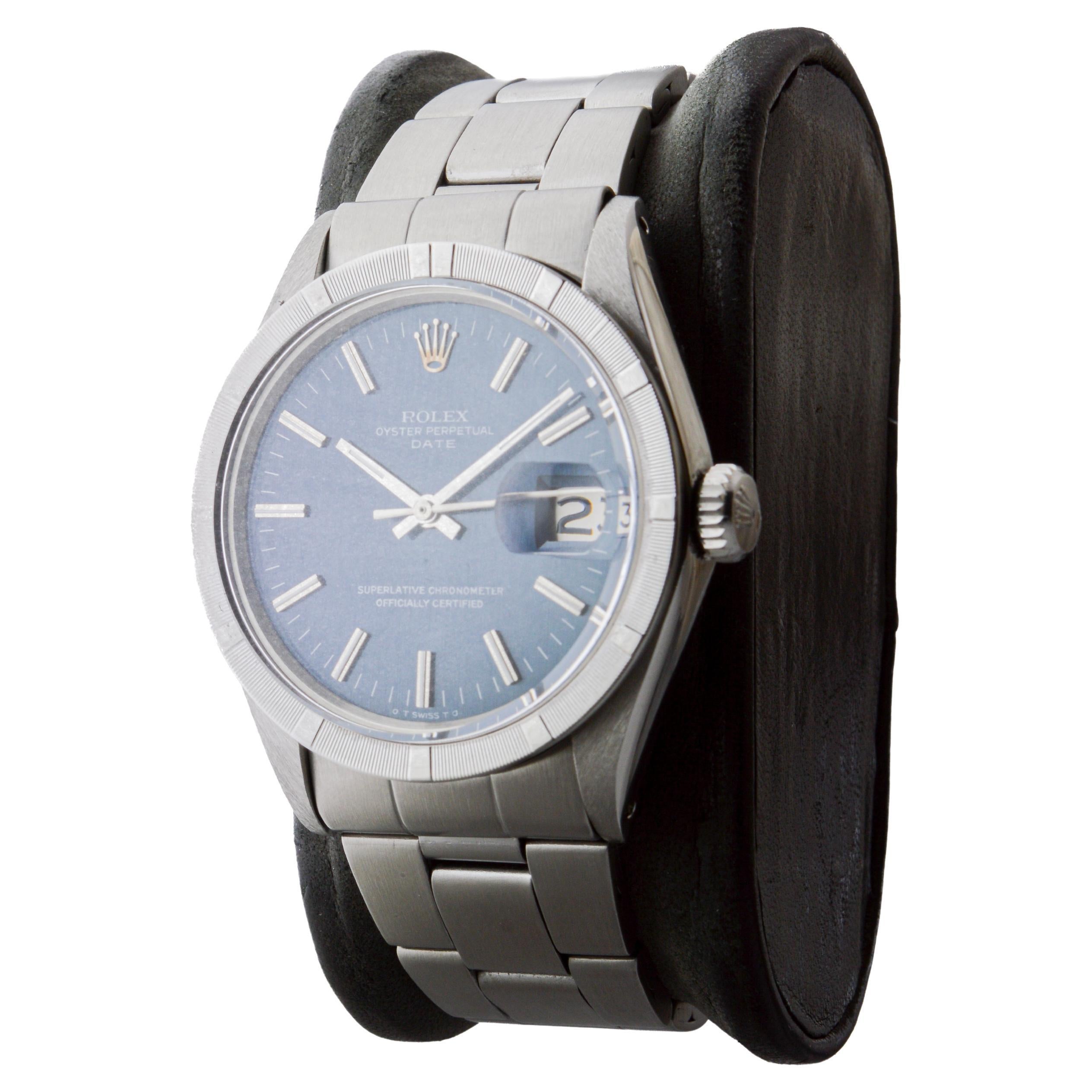 Rolex Edelstahl Oyster Perpetual Date mit original blauem Original-Zifferblatt 1970er Jahre im Angebot 2