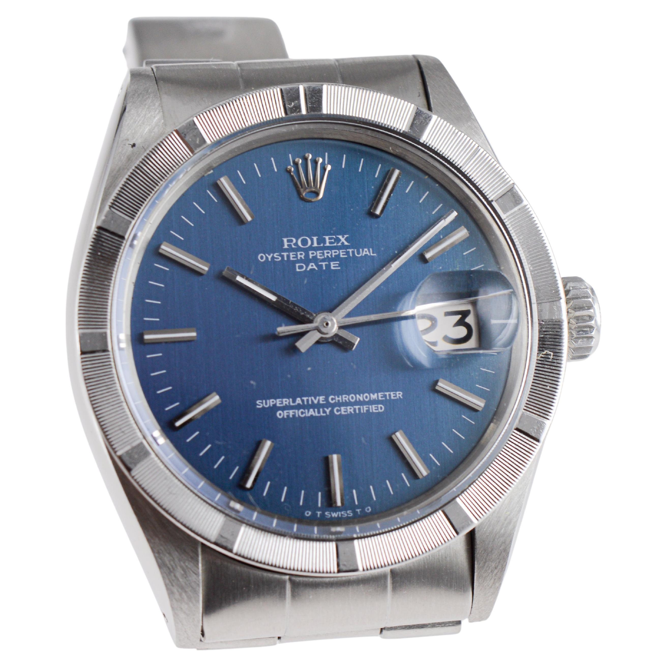 Rolex Edelstahl Oyster Perpetual Date mit original blauem Original-Zifferblatt 1970er Jahre im Angebot 3