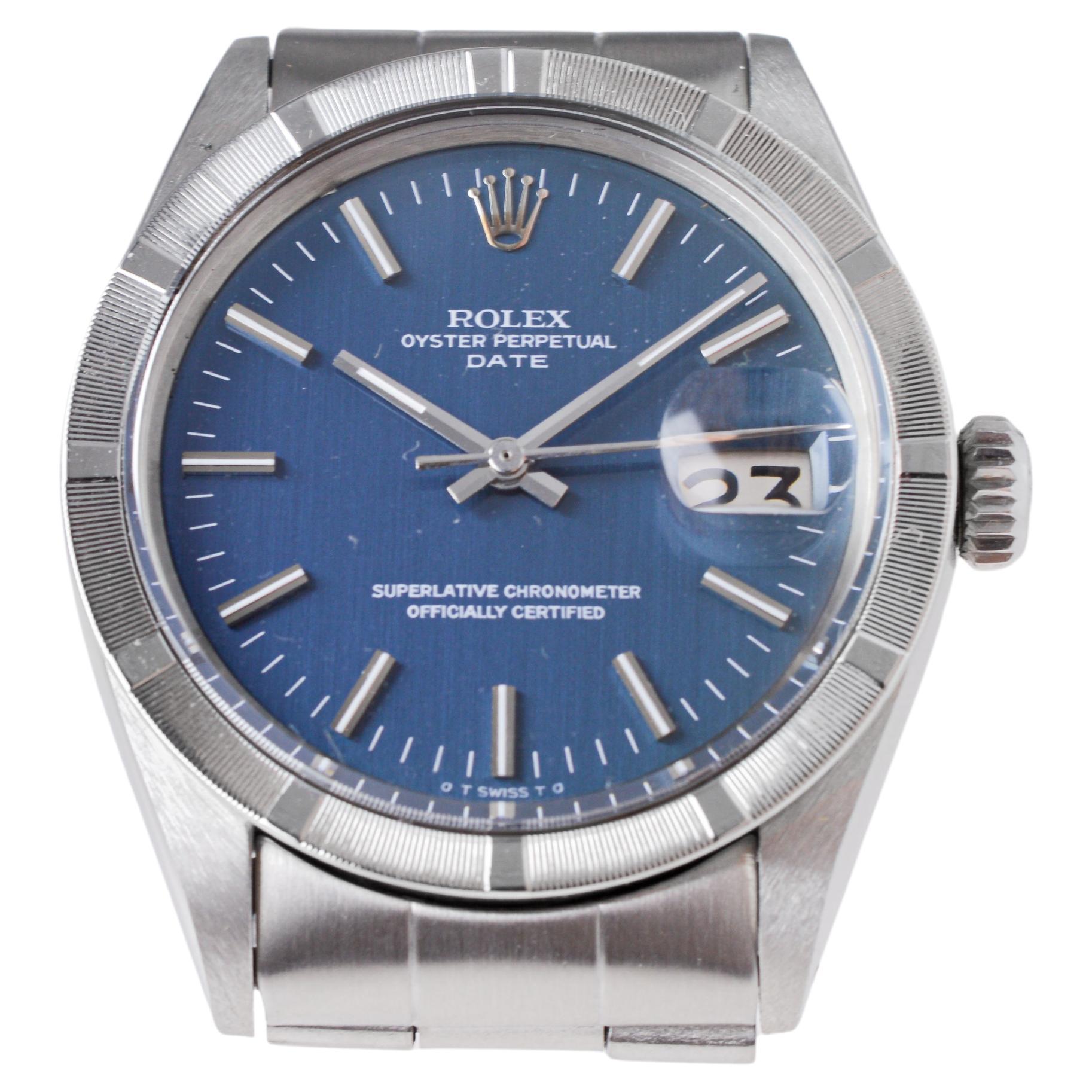 Rolex Edelstahl Oyster Perpetual Date mit original blauem Original-Zifferblatt 1970er Jahre im Angebot 4