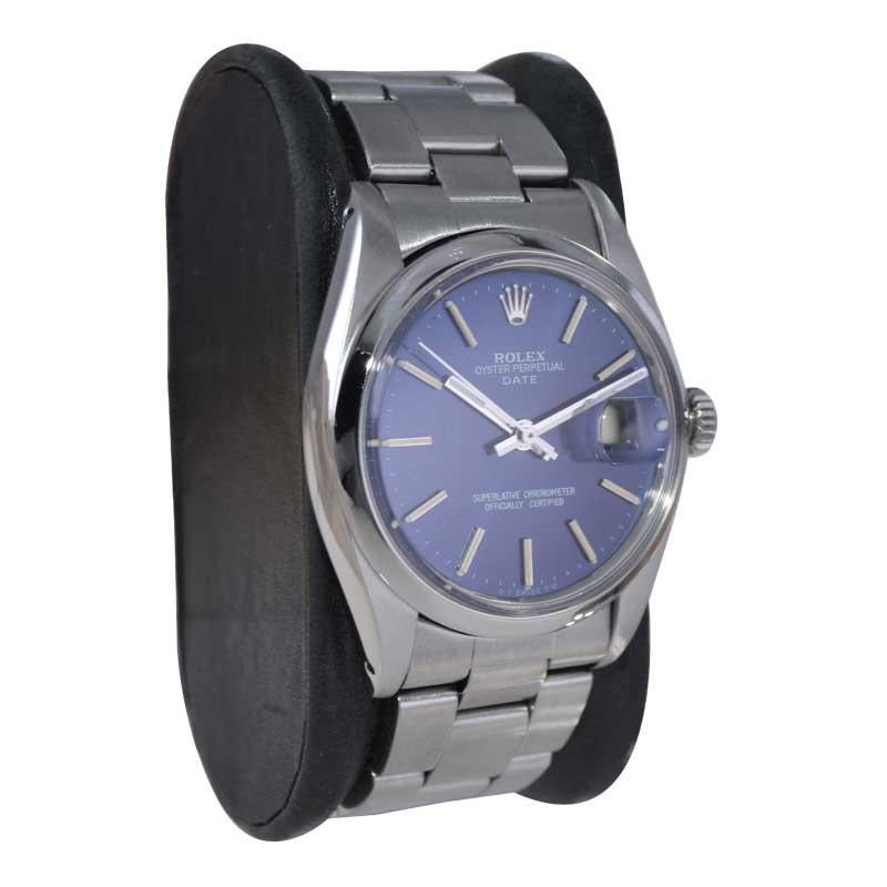 Modernist Rolex Stainless Steel Oyster Perpetual Date with Original Blue Dial circa