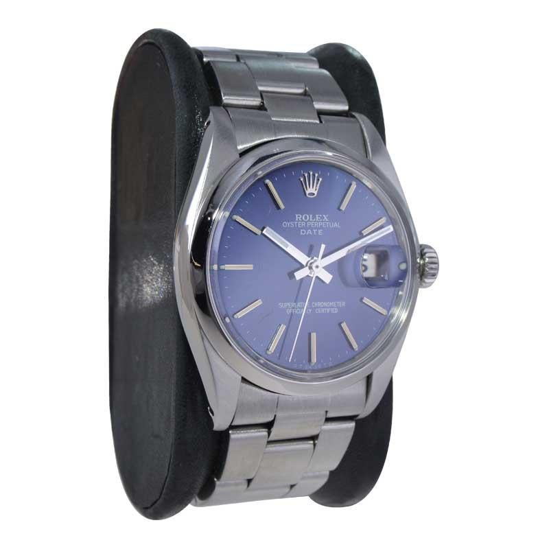 Rolex Stainless Steel Oyster Perpetual Date with Original Blue Dial circa In Excellent Condition In Long Beach, CA