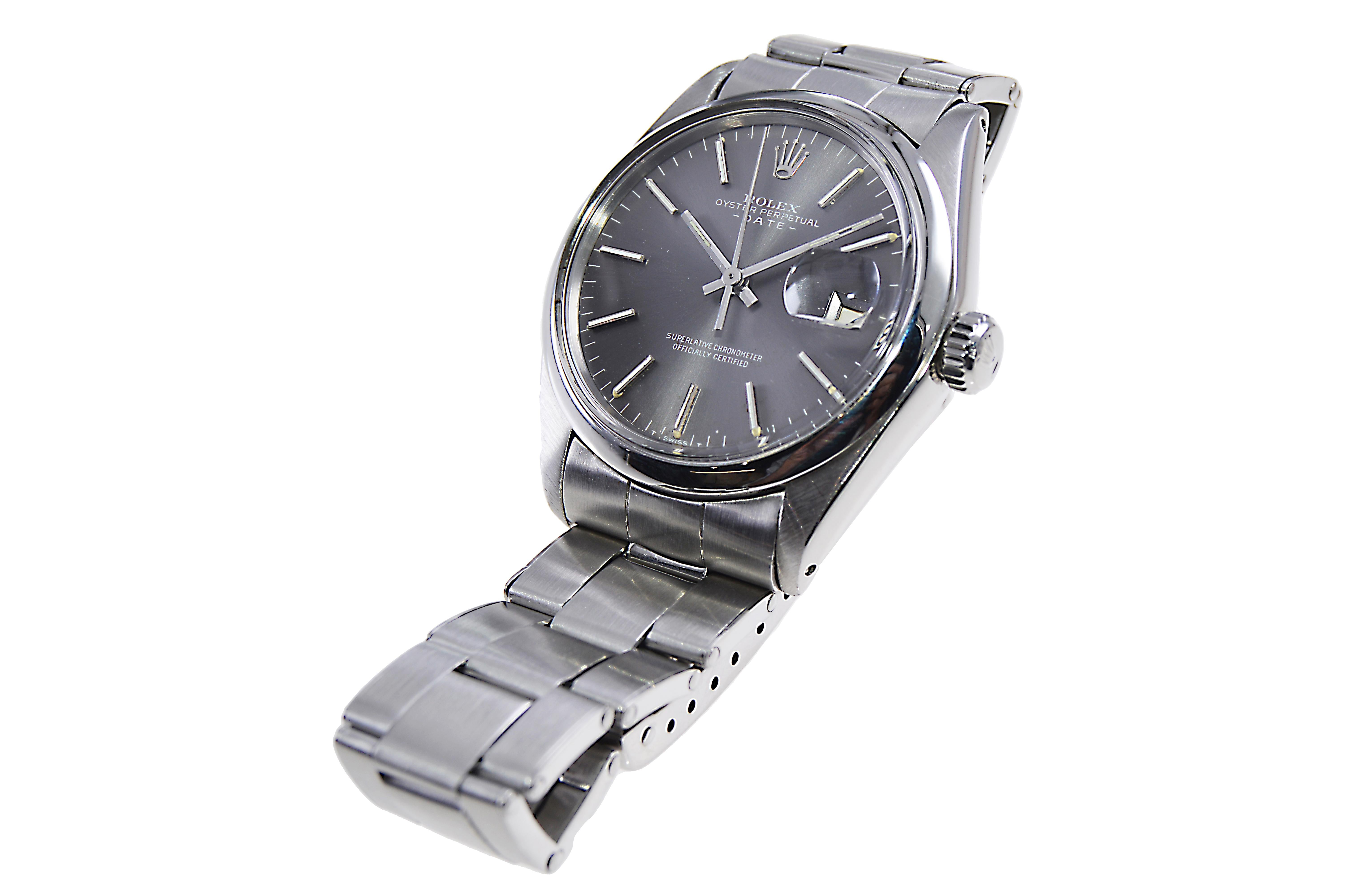 Women's or Men's Rolex Stainless Steel Oyster Perpetual Date with Original Charcoal Dial 1970's For Sale