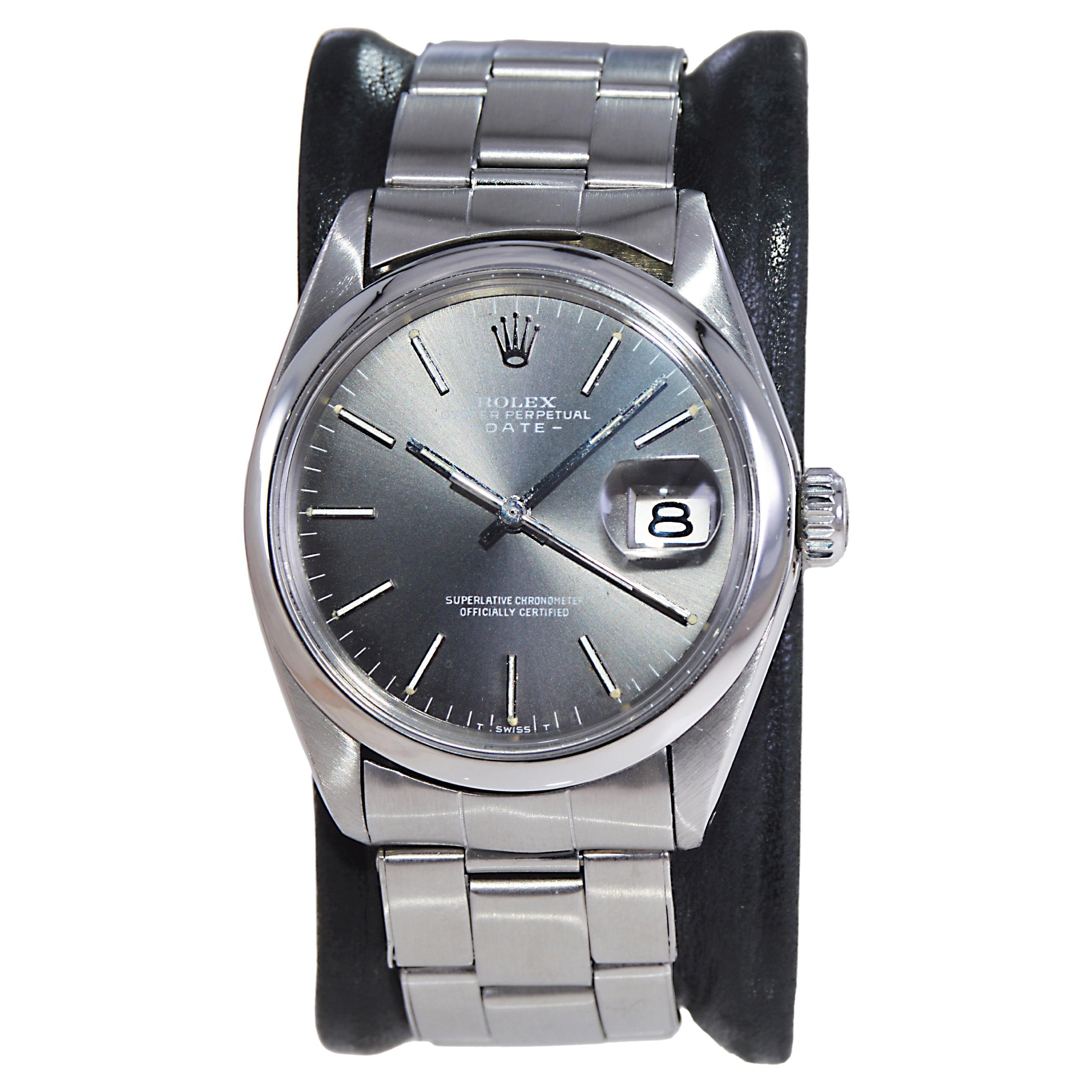 Rolex Stainless Steel Oyster Perpetual Date with Original Charcoal Dial 1970's For Sale