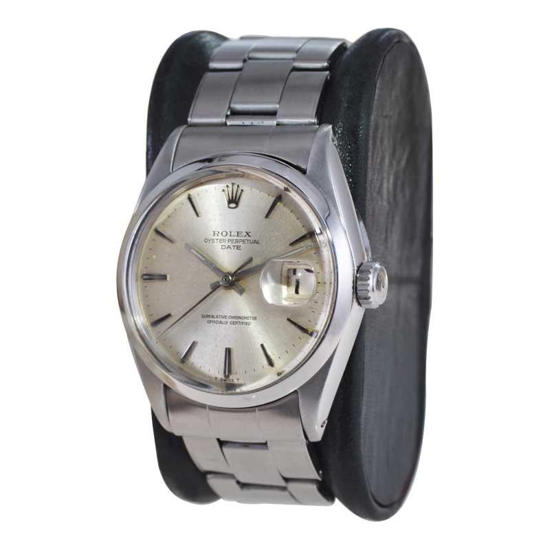 Rolex Stainless Steel Oyster Perpetual Date with Original Dial from Mid 1960's In Excellent Condition For Sale In Long Beach, CA