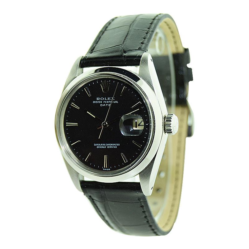 Rolex Stainless Steel Oyster Perpetual Date with Rare Black Dial, 1967 or 1968 In Excellent Condition In Long Beach, CA