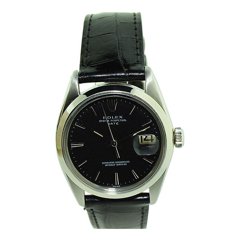 Women's or Men's Rolex Stainless Steel Oyster Perpetual Date with Rare Black Dial, 1967 or 1968