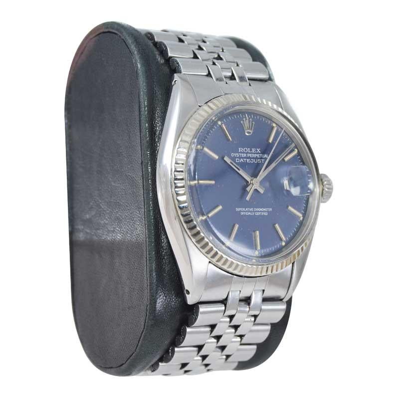 Modern Rolex Stainless Steel Oyster Perpetual Datejust Original Blue Dial circa, 1970's