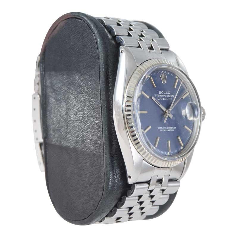 Rolex Stainless Steel Oyster Perpetual Datejust Original Blue Dial circa, 1970's In Excellent Condition In Long Beach, CA