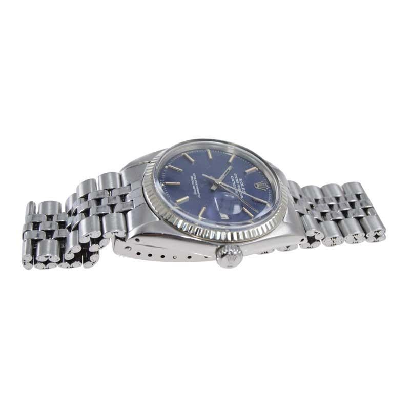 Women's or Men's Rolex Stainless Steel Oyster Perpetual Datejust Original Blue Dial circa, 1970's