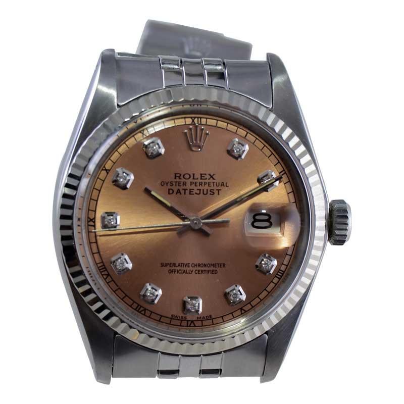 Rolex Steel Datejust with Custom Bronze Dial and Diamond Markers circa, 1970's For Sale 1