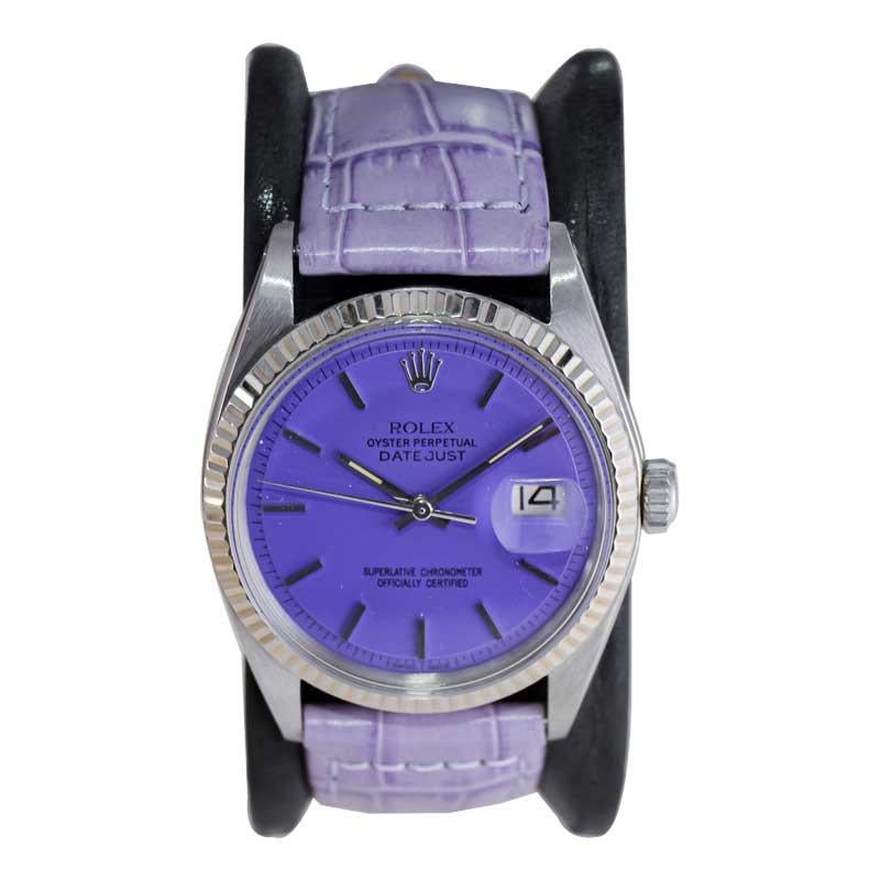 Modernist Rolex Stainless Steel Oyster Perpetual Datejust with Custom Purple Dial 1970's For Sale