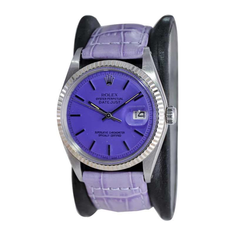 Rolex Stainless Steel Oyster Perpetual Datejust with Custom Purple Dial 1970's In Excellent Condition For Sale In Long Beach, CA
