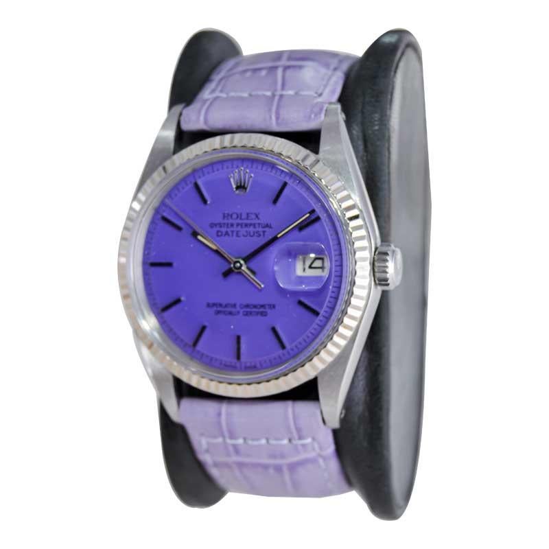 Women's or Men's Rolex Stainless Steel Oyster Perpetual Datejust with Custom Purple Dial 1970's For Sale