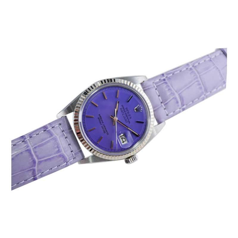 Rolex Stainless Steel Oyster Perpetual Datejust with Custom Purple Dial 1970's In Excellent Condition In Long Beach, CA
