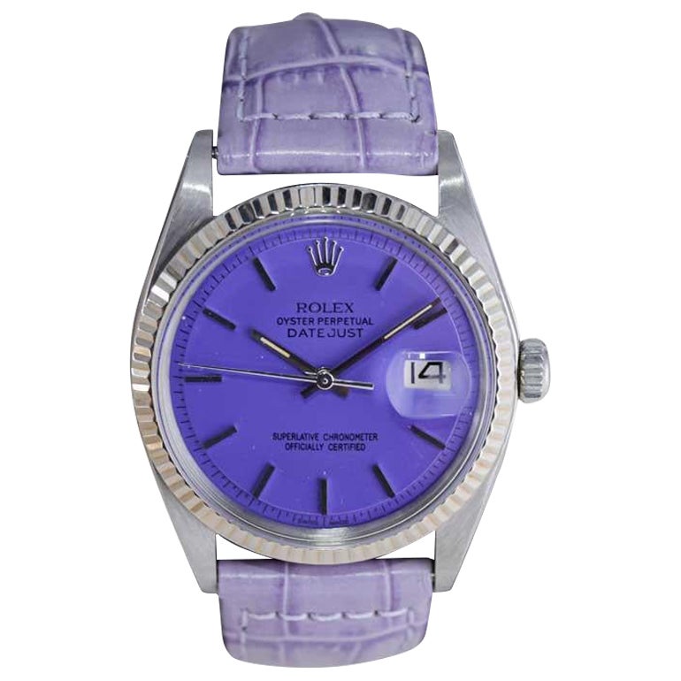Rolex Oyster Perpetual Datejust in acciaio inossidabile con quadrante viola personalizzato degli anni '70