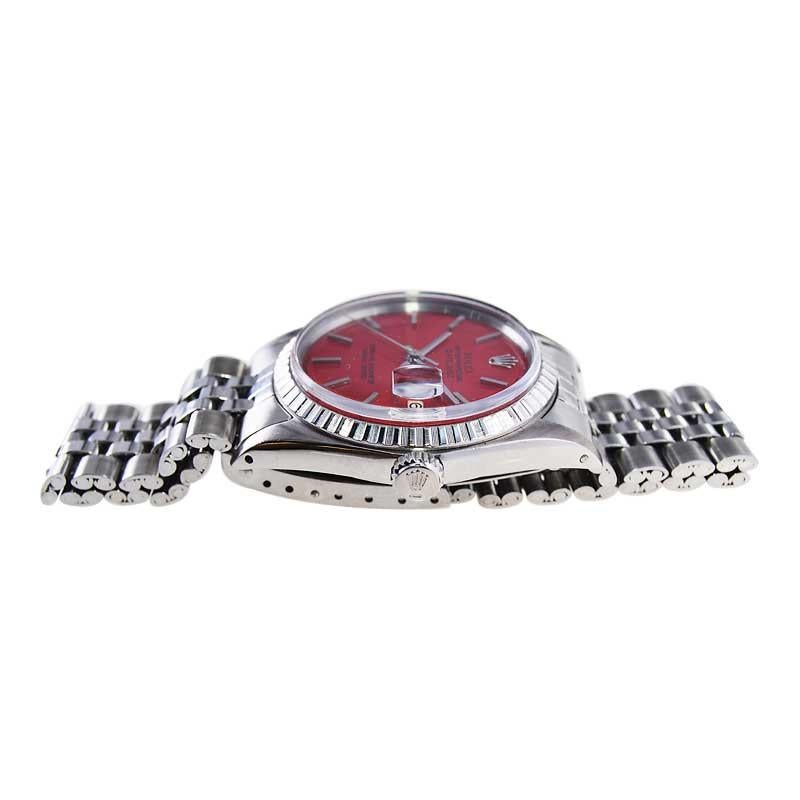Rolex Stainless Steel Oyster Perpetual Datejust with Custom Red Dial, 1960's For Sale 2