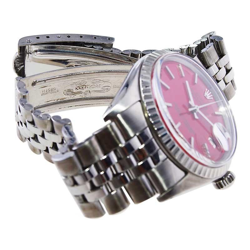 Rolex Montre Oyster Perpetual Datejust en acier inoxydable avec cadran rouge personnalisé, années 1960 3