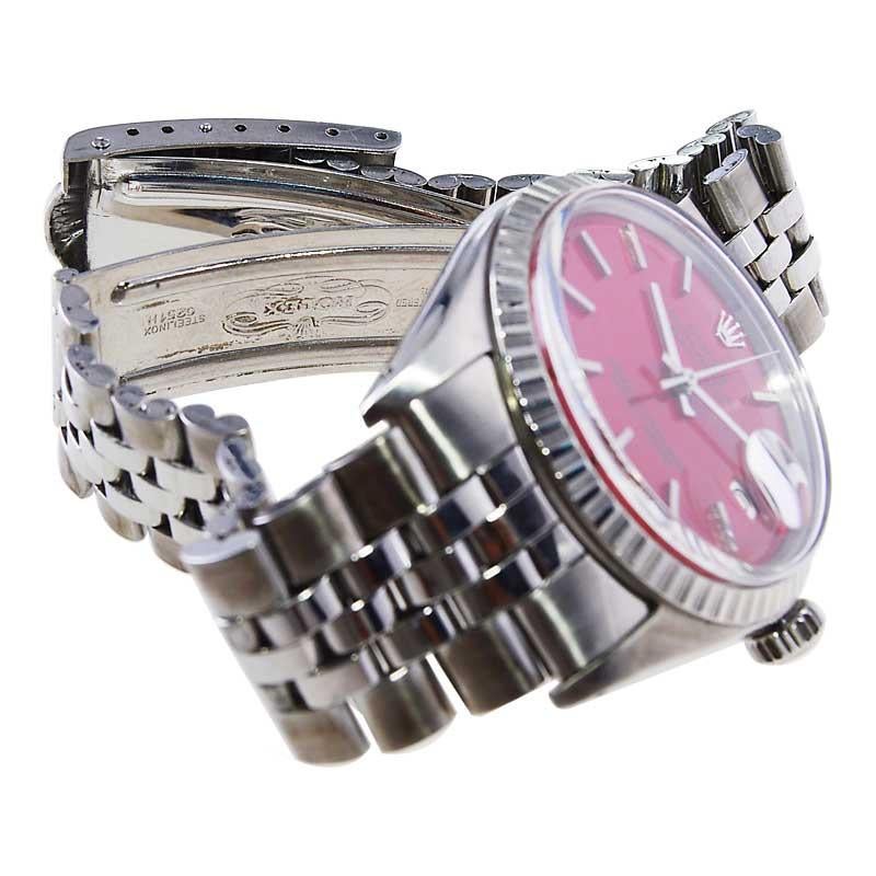 Rolex Montre Oyster Perpetual Datejust en acier inoxydable avec cadran rouge personnalisé, années 1960 en vente 3