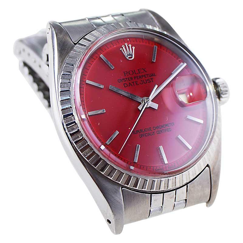 Modernist Rolex Stainless Steel Oyster Perpetual Datejust with Custom Red Dial, 1960's For Sale