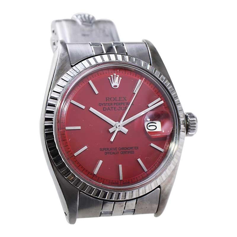 Rolex Stainless Steel Oyster Perpetual Datejust with Custom Red Dial, 1960's In Excellent Condition For Sale In Long Beach, CA