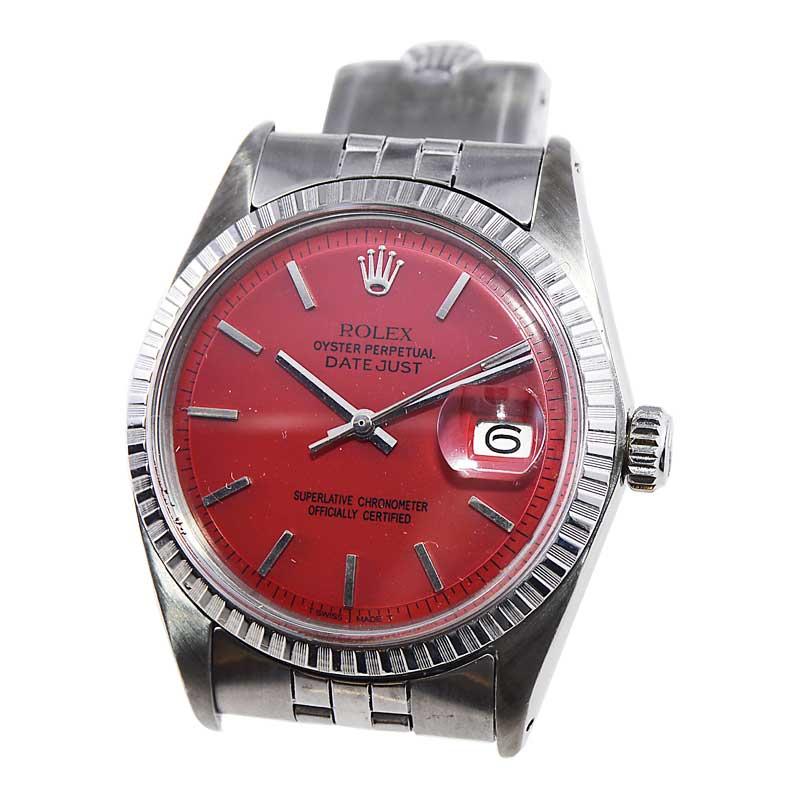 Women's or Men's Rolex Stainless Steel Oyster Perpetual Datejust with Custom Red Dial, 1960's For Sale