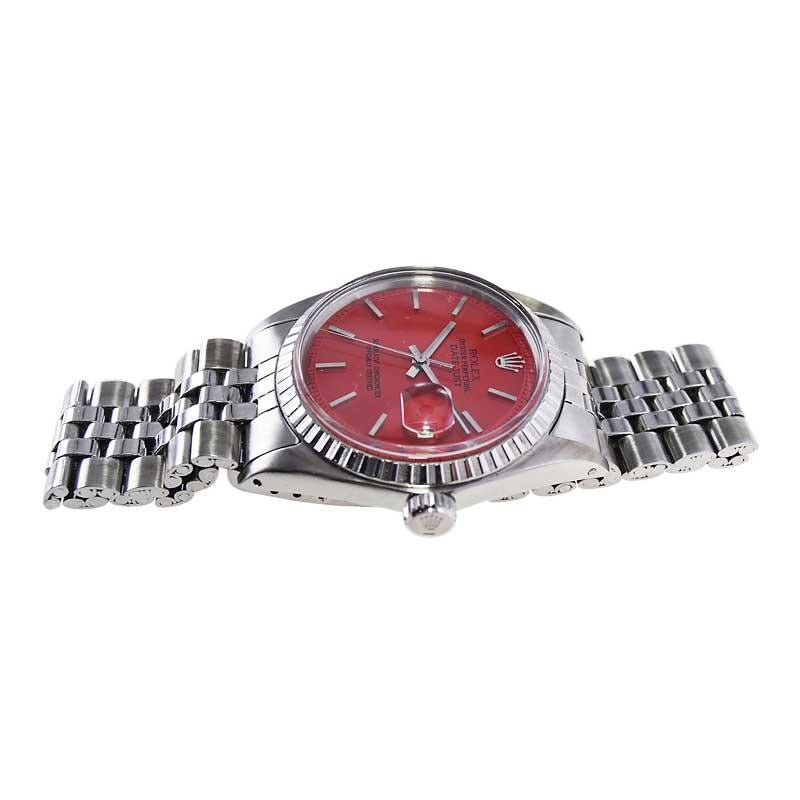 Rolex Stainless Steel Oyster Perpetual Datejust with Custom Red Dial, 1960's For Sale 1