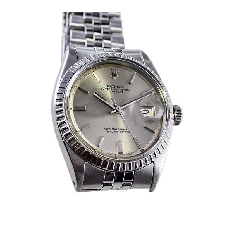 Women's or Men's Rolex Stainless Steel Oyster Perpetual Datejust with Original Silver Dial 1970's For Sale