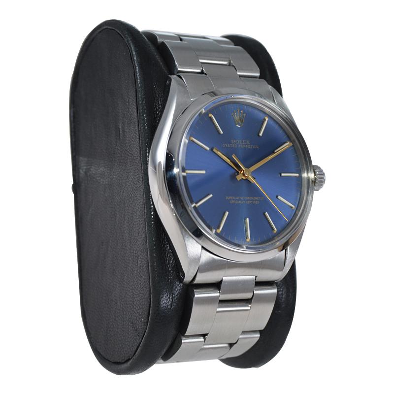 Modernist Rolex Stainless Steel Oyster Perpetual Original Metallic Blue Dial from 1980