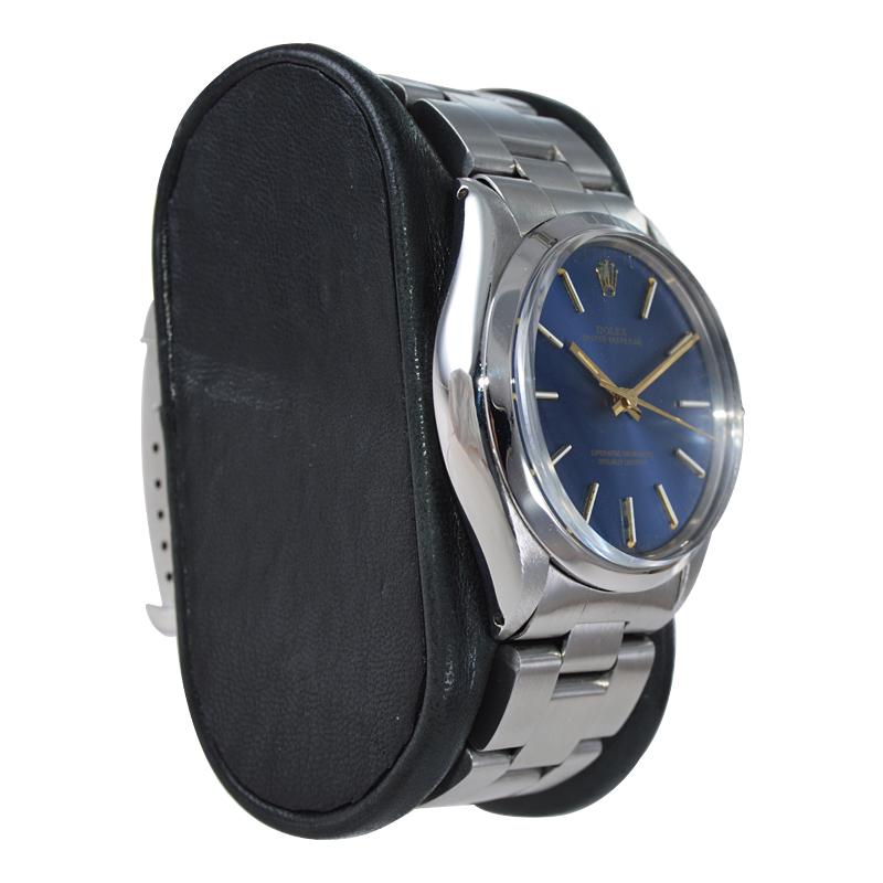 Rolex Stainless Steel Oyster Perpetual Original Metallic Blue Dial from 1980 In Excellent Condition In Long Beach, CA