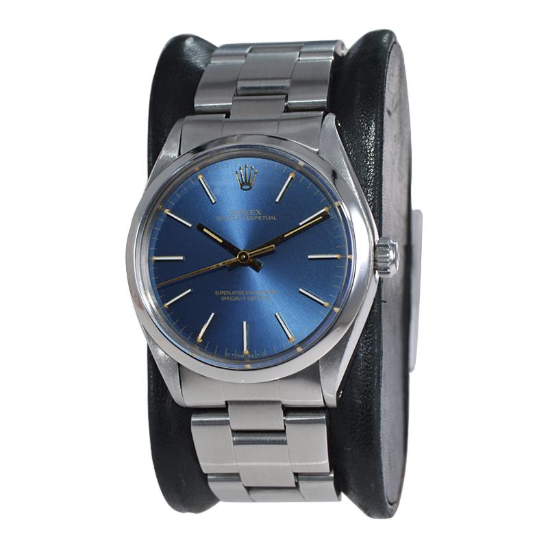 Women's or Men's Rolex Stainless Steel Oyster Perpetual Original Metallic Blue Dial from 1980