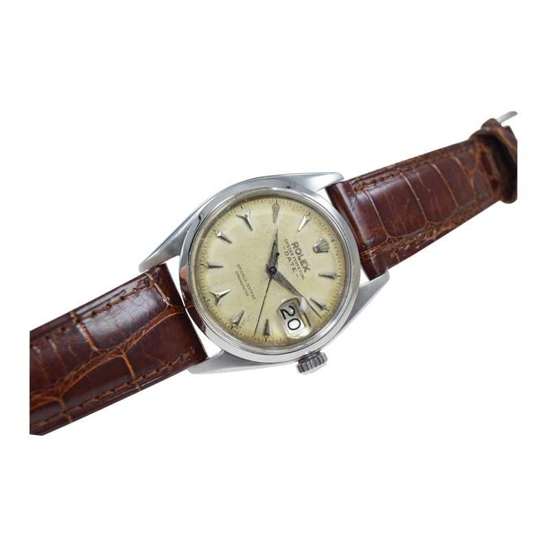 Art Deco Rolex Stainless Steel Oyster Perpetual Patinated Dial Manual Watch, 1957 For Sale