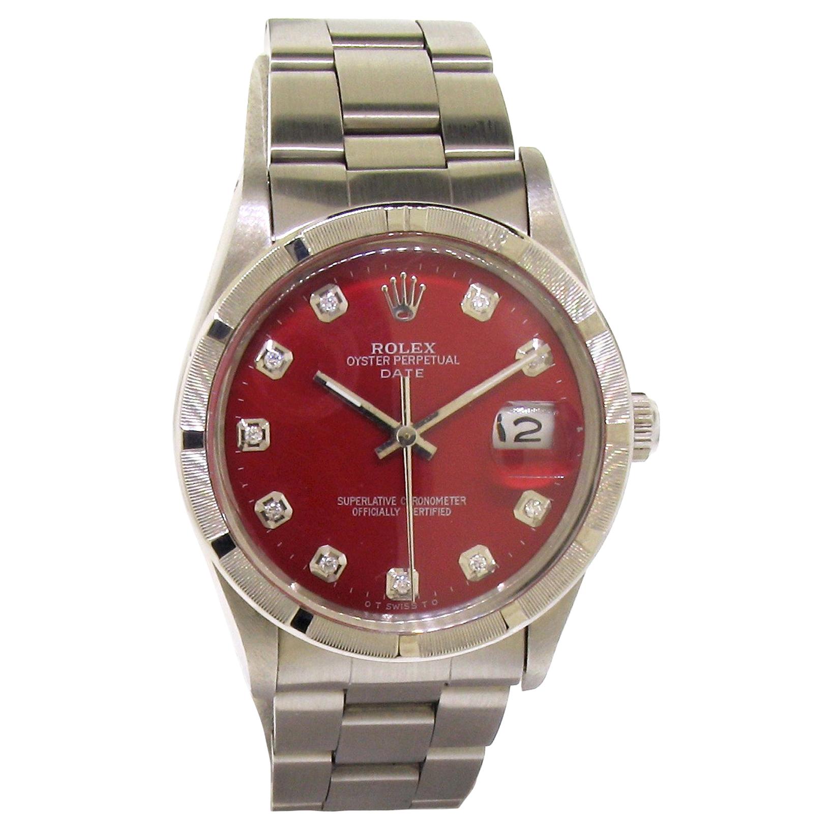 Rolex Oyster Perpetual Date avec cadran rouge personnalisé en acier, années 1970 en vente