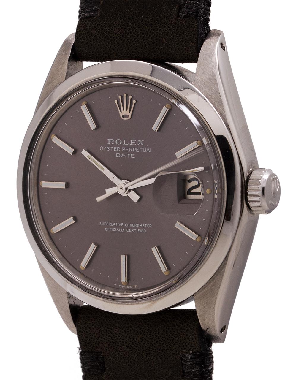 Rolex Oyster Perpetual Date ref 1500 circa 1968. Featuring 34mm diameter case with smooth bezel, acrylic crystal, and original dark grey dial with applied silver indexes and silver baton hands. The stainless steel case was recently detailed, but