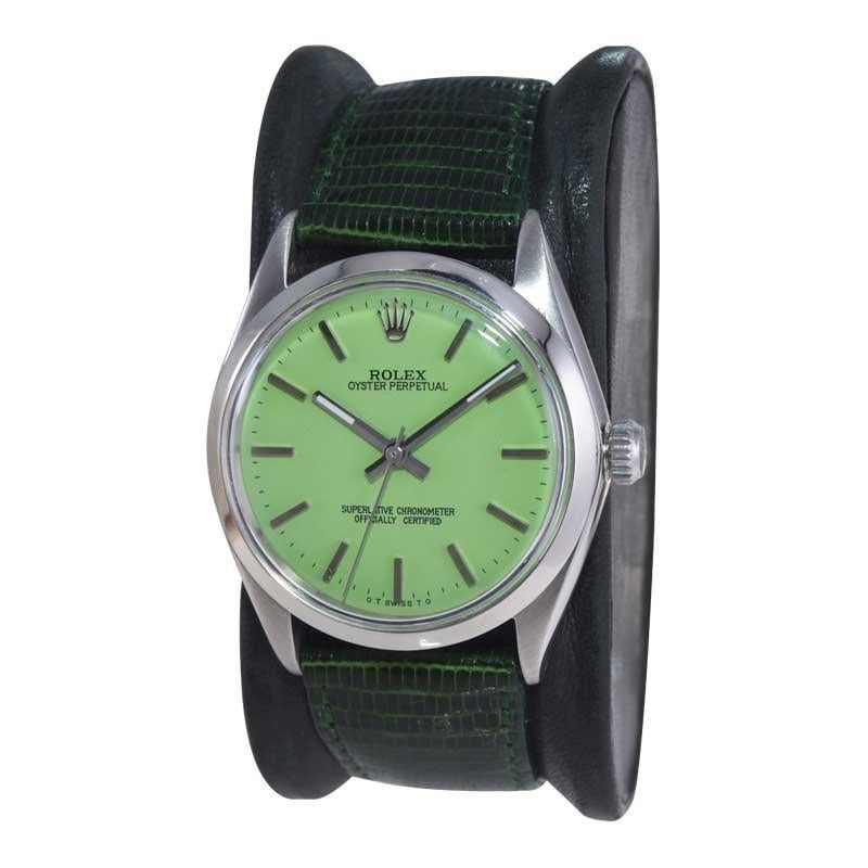 Rolex Steel Oyster Perpetual with A Custom Finished Mint Green Dial 1960's For Sale 1
