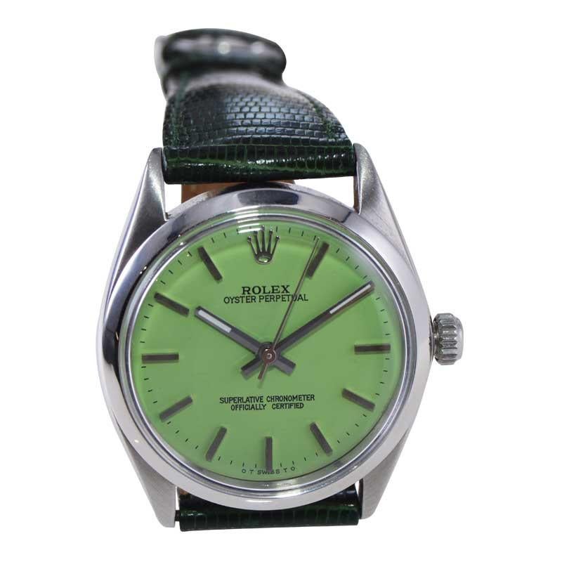 Rolex Steel Oyster Perpetual with A Custom Finished Mint Green Dial 1960's For Sale 3
