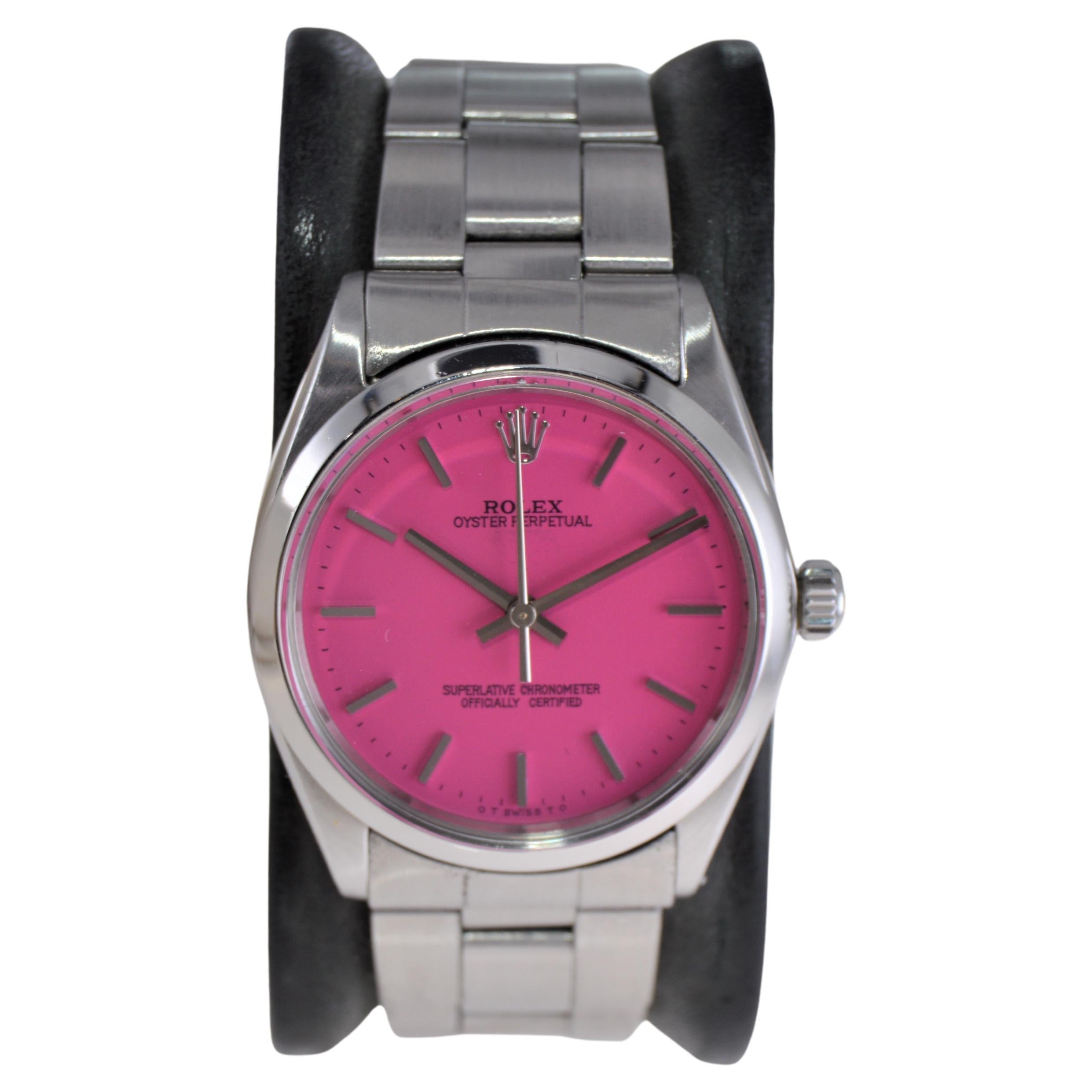 Modern Rolex Stainless Steel Oyster Perpetual with Custom Hot Pink Dial, 1960s For Sale