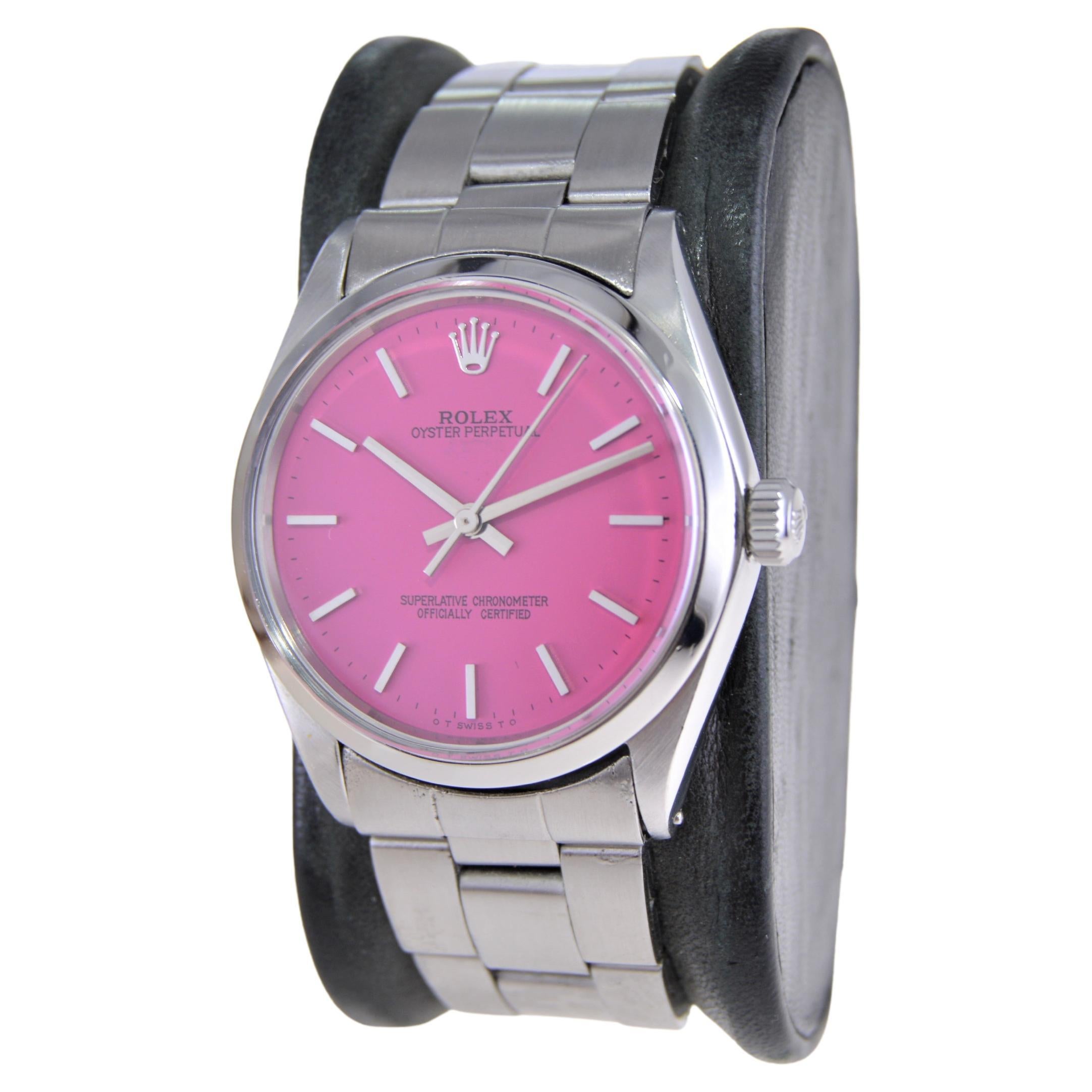 Rolex Stainless Steel Oyster Perpetual with Custom Hot Pink Dial, 1960s In Excellent Condition For Sale In Long Beach, CA
