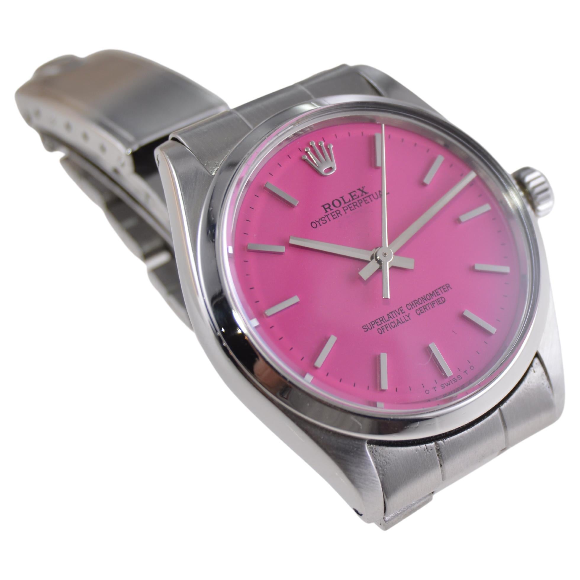 Women's or Men's Rolex Stainless Steel Oyster Perpetual with Custom Hot Pink Dial, 1960s For Sale