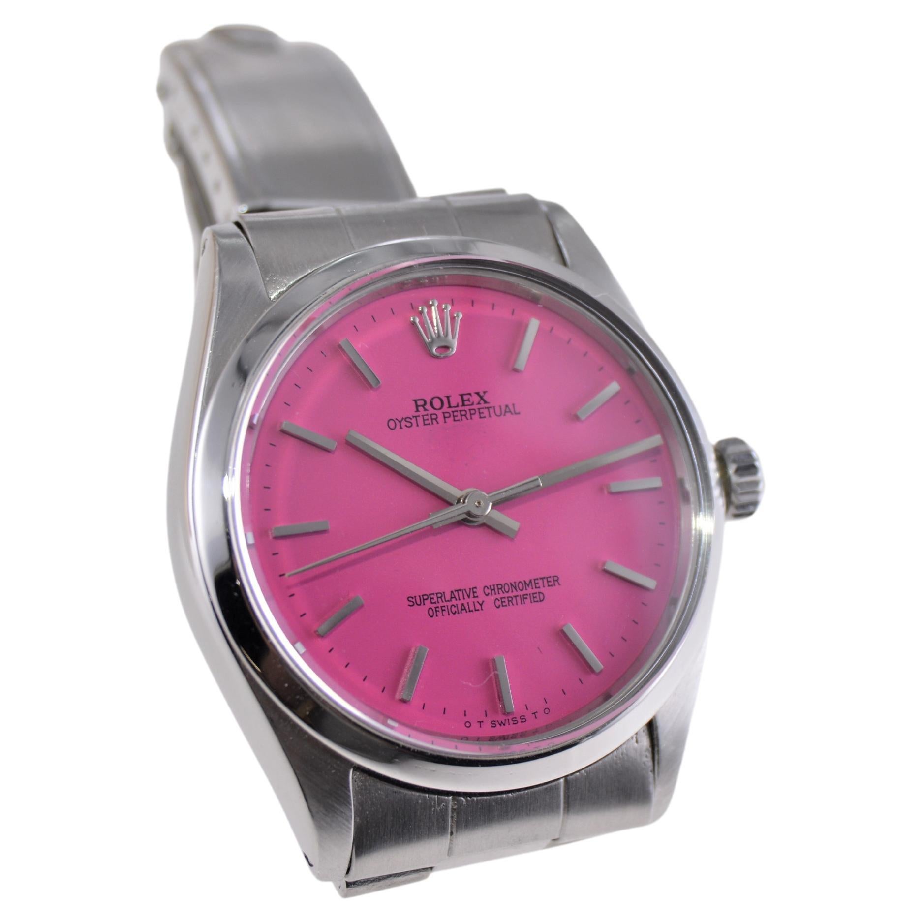Rolex Stainless Steel Oyster Perpetual with Custom Hot Pink Dial, 1960s For Sale 1