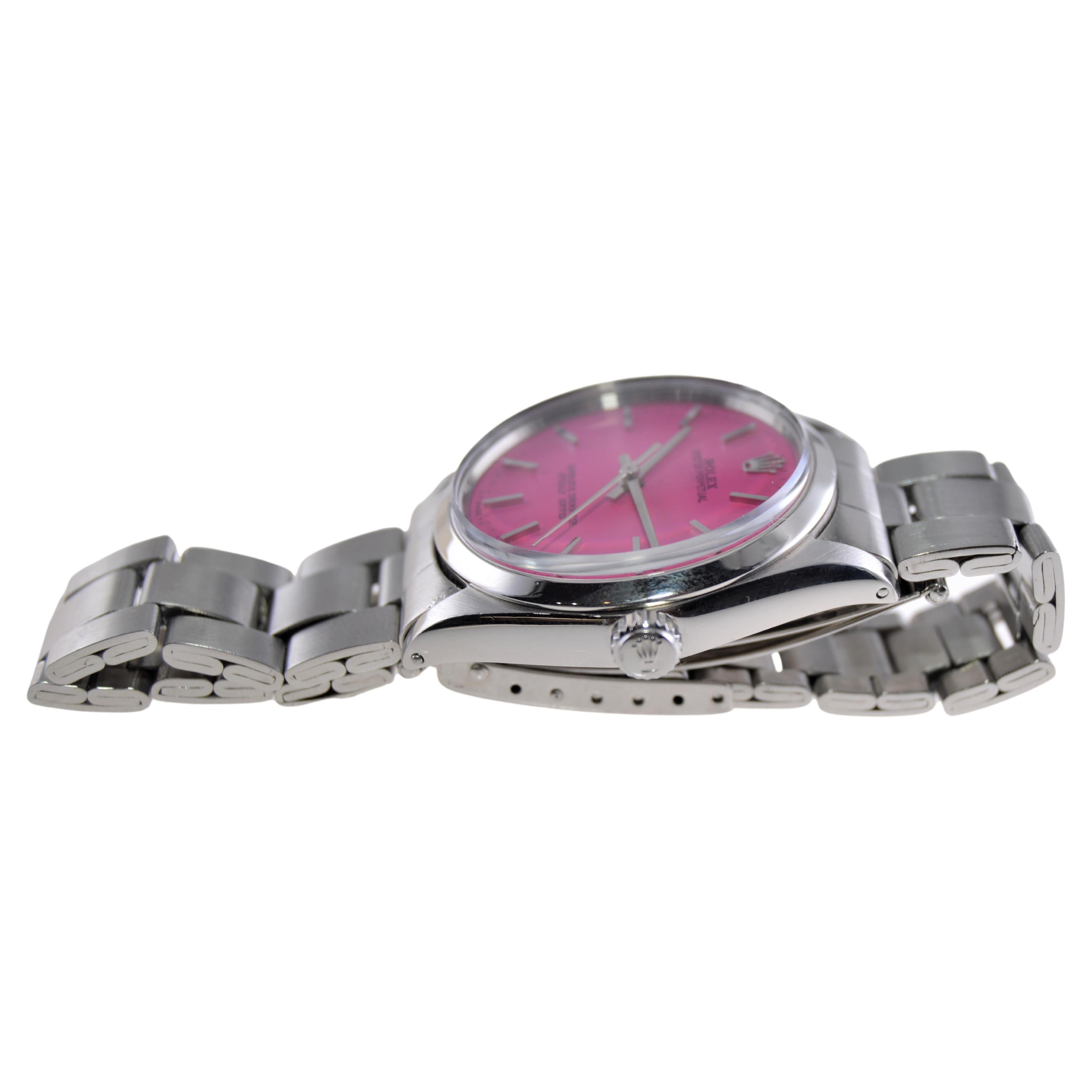 Rolex Stainless Steel Oyster Perpetual with Custom Hot Pink Dial, 1960s In Excellent Condition In Long Beach, CA